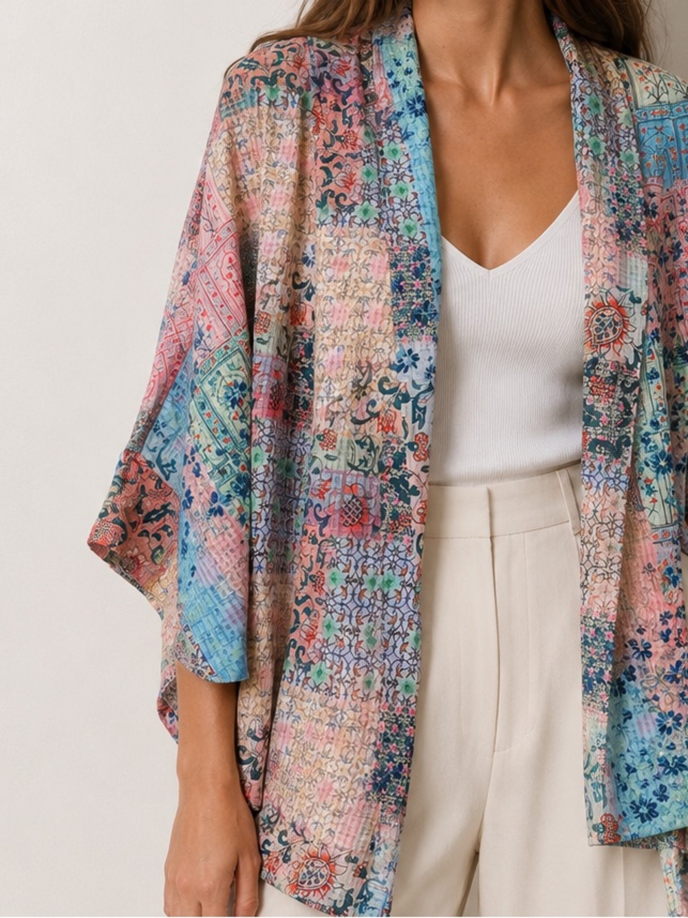 World Market Floral Boho Patchwork Open Front Kimono Cardigan one size pink blue